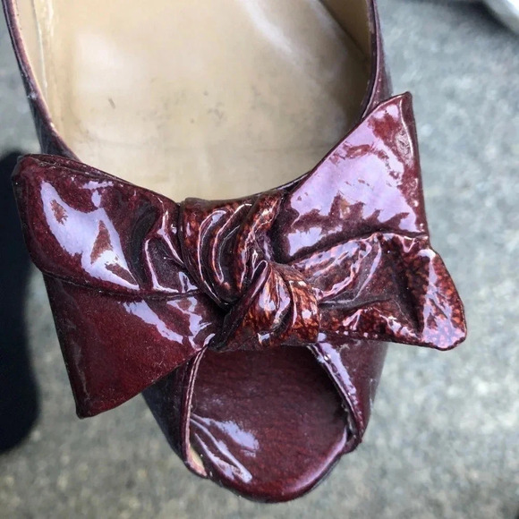 Faconnable Cranberry Red Patent Leather Bow Peep Toe Heels Size 9 - Picture 7 of 9